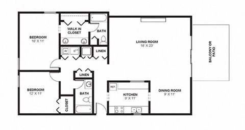 Floor plan for 2 beds, 2 baths, 1425 sqft